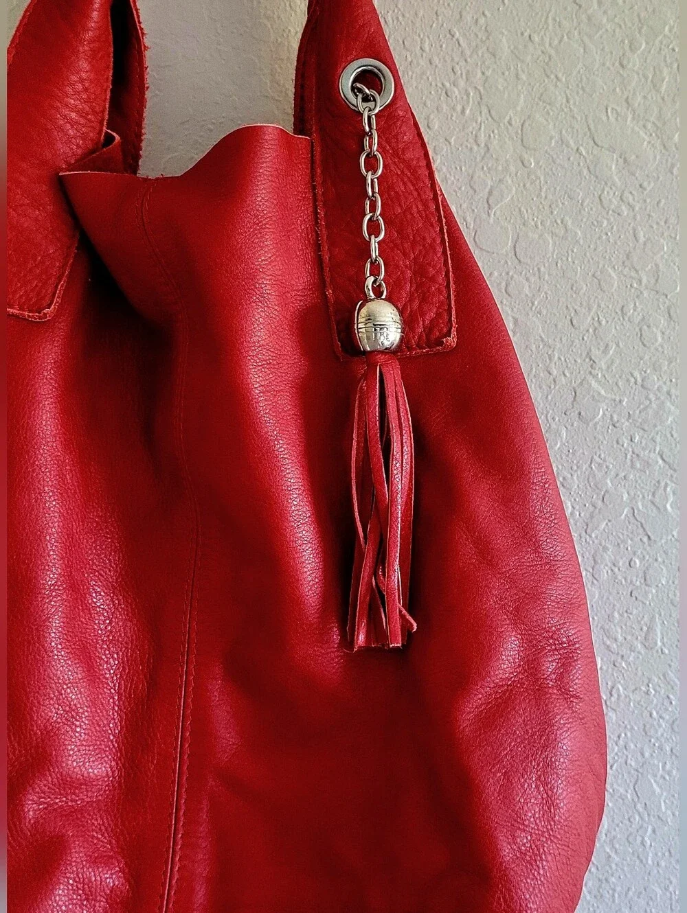 Nardelli Red Leather Tassel Hobo Shoulder Slough Bag. Medium. Boho Indie Sleaze.